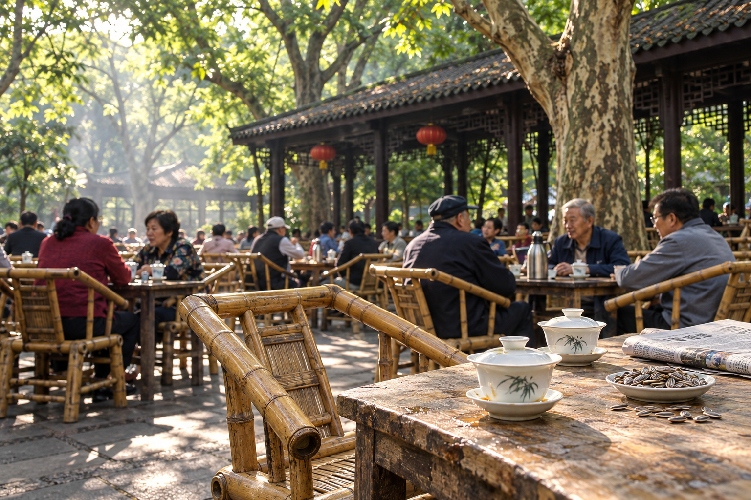 A Chengdu teahouse scene with people seated around tables.