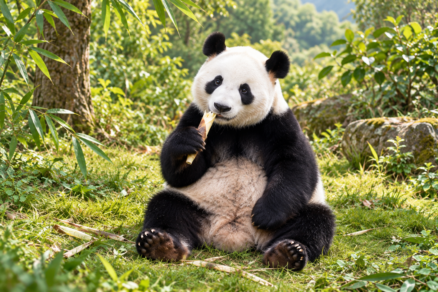 A round giant panda seated among greenery, its body and paws fully visible.